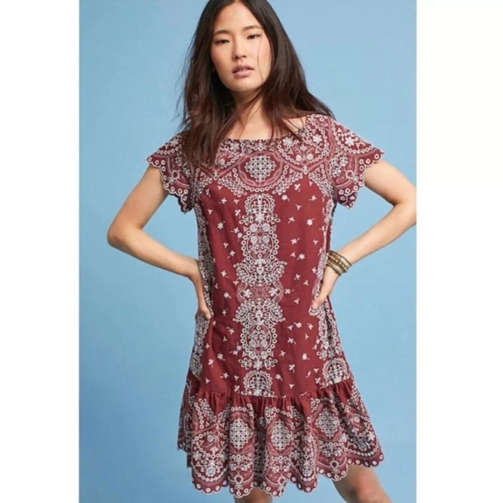 Anthropologie  Shift Eyelet Embroidery Dress Medium Boho Bohemian Hippie
